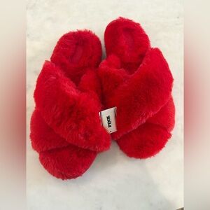 Pink Fuzzy Red Criss Cross Slippers Size Large NWT